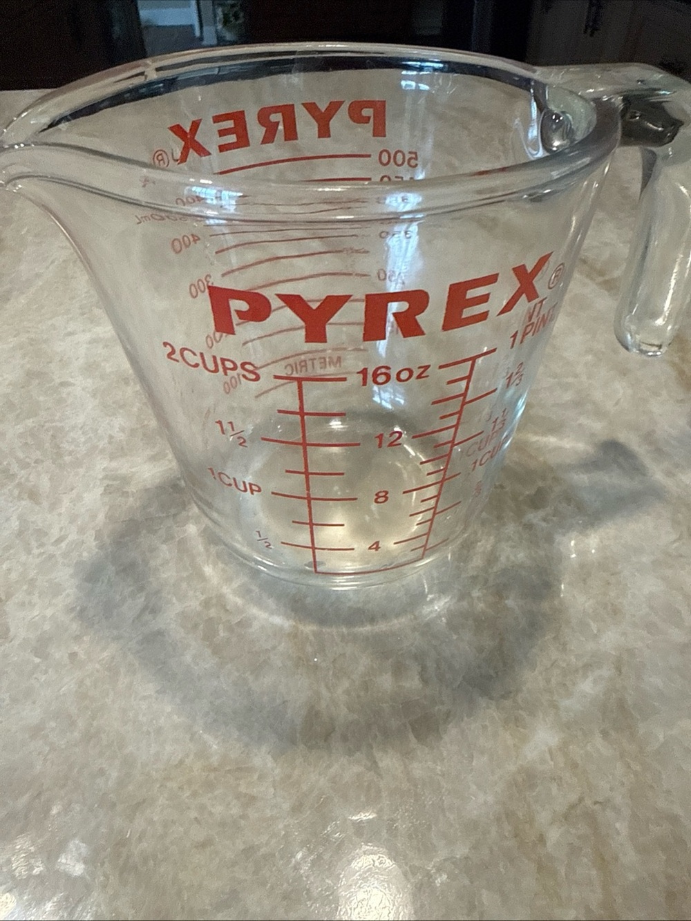 Vintage Pyrex Glass Measuring Cup Red Lettering Open J Handle 2 Cup 1 Pint